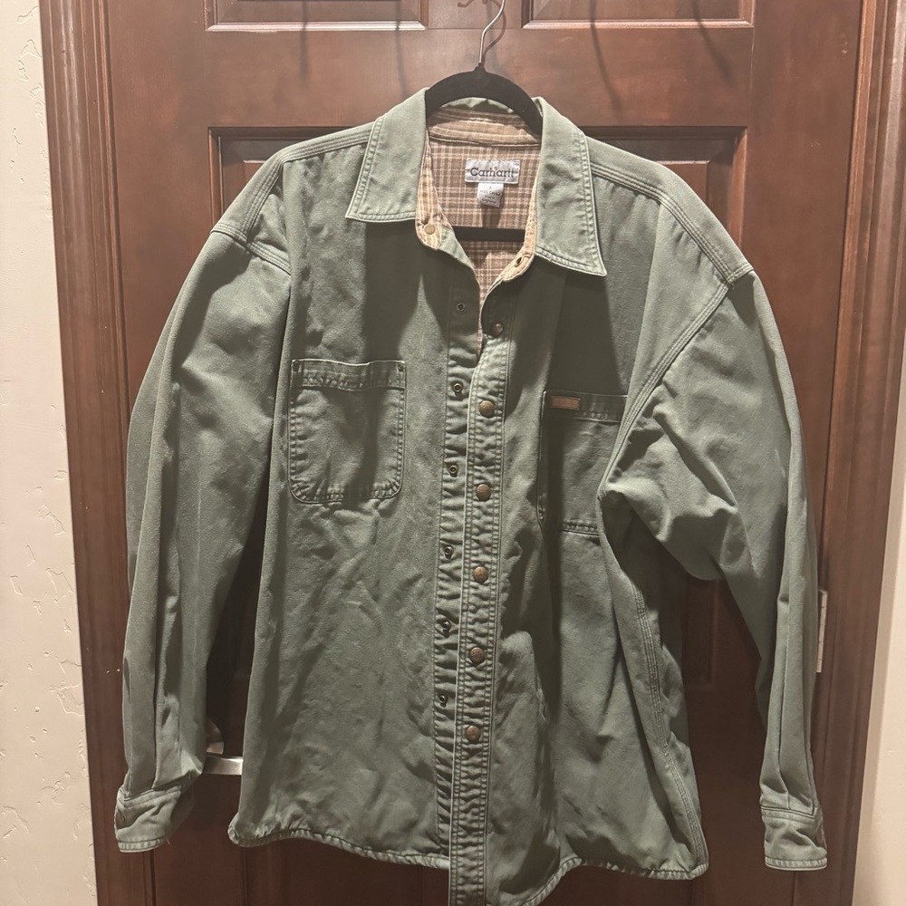 Carhartt Olive Green Canvas Work Jacket with Plaid Lining
